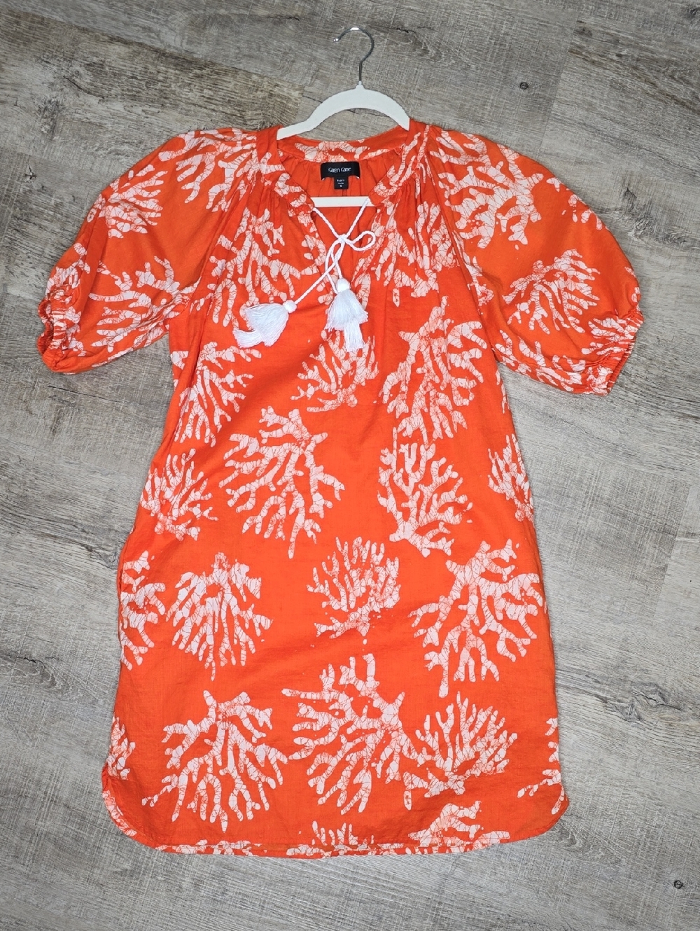 Coastal Beach Resort Vacation Boho Tassel Tunic Puff Sleeve Cotton Dress Size S